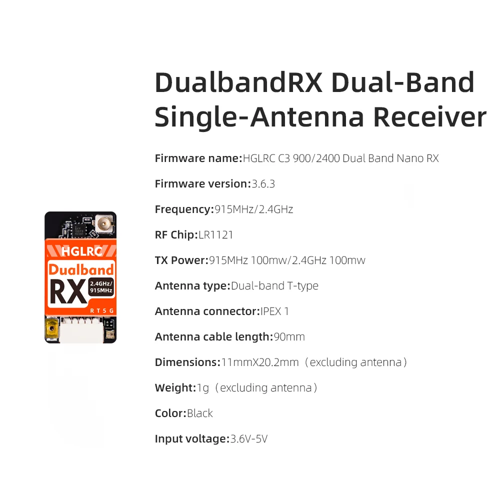 DualbandRX HGLRC Gemini ELRS 915MHz & 2.4GHz Dual-Band Single/Dual Antenna Receiver - Image 1