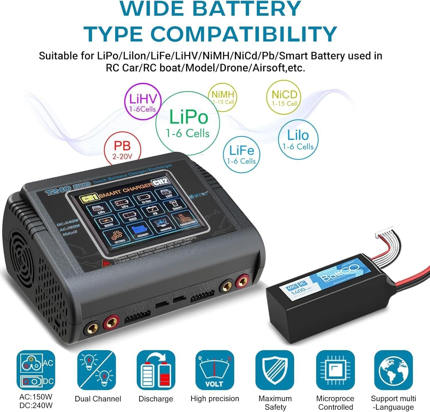 HTRC T240 DUO AC 150W DC 240W 10A RC Toy Lipo Balance Charger - Image 2